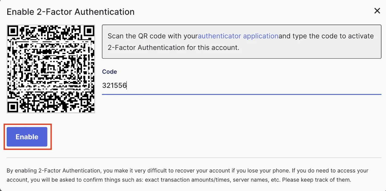 Enable 2-Factor Authentication dialog with a 6-digit code entered and the Enable button highlighted