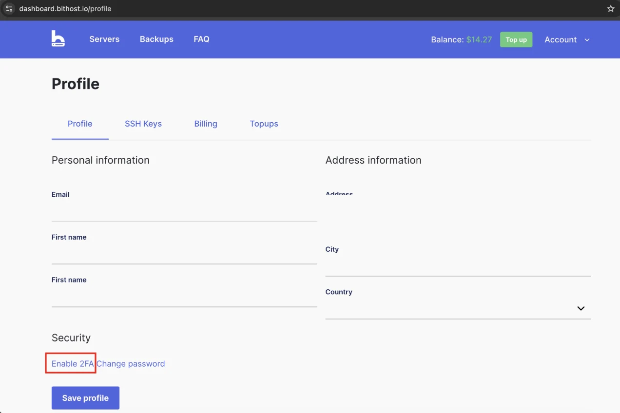 bithost Profile page showing the Security section with Enable 2FA link