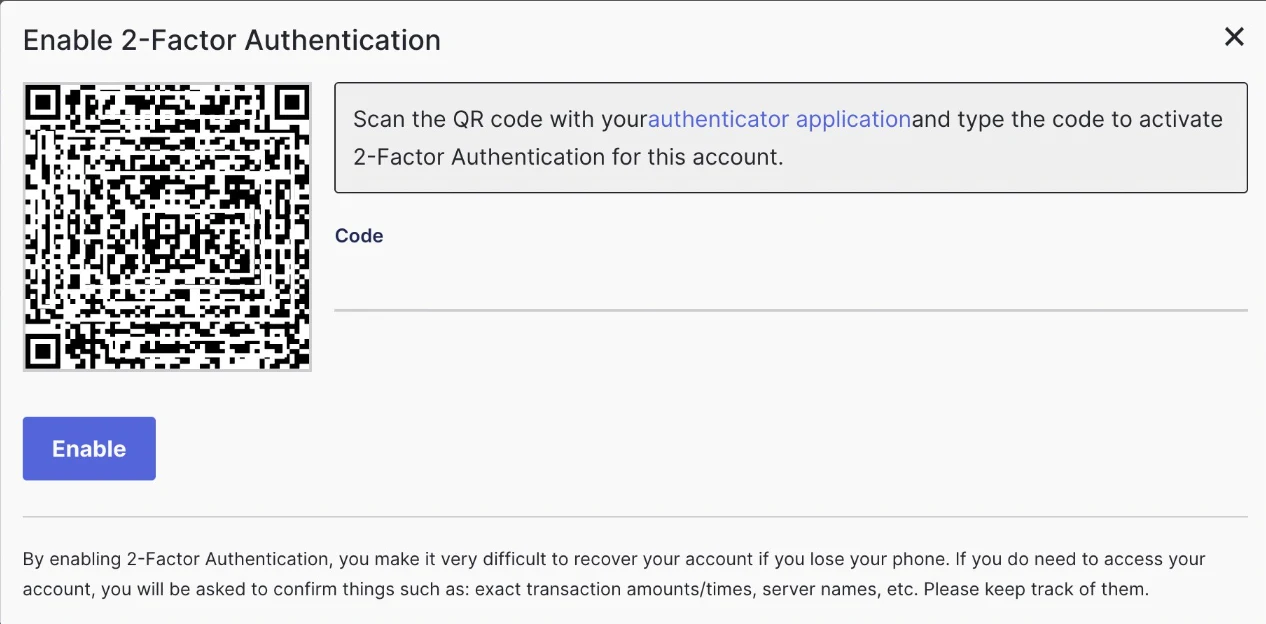 Enable 2-Factor Authentication dialog showing QR code and empty code field