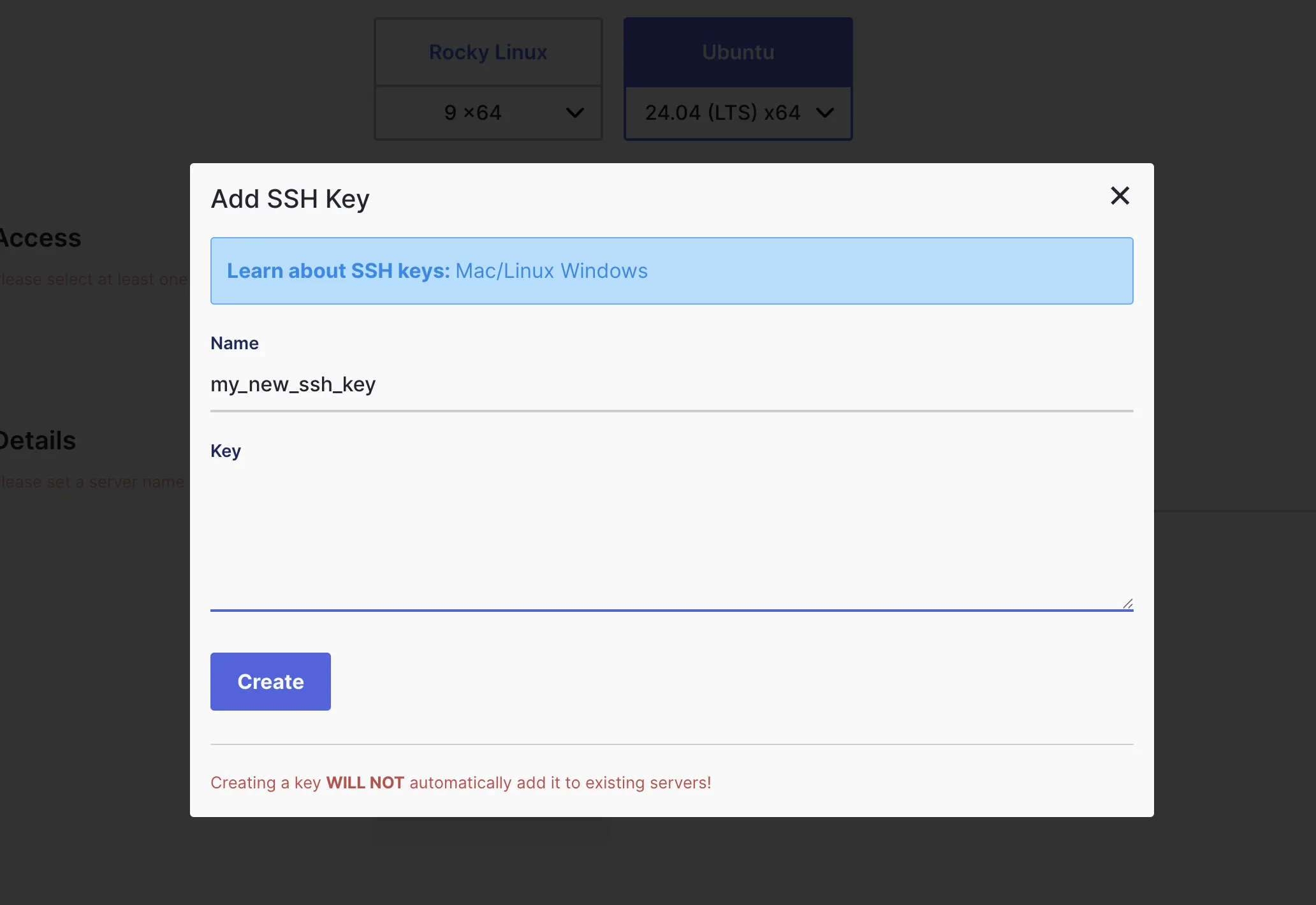 server creation - SSH key added
successfully