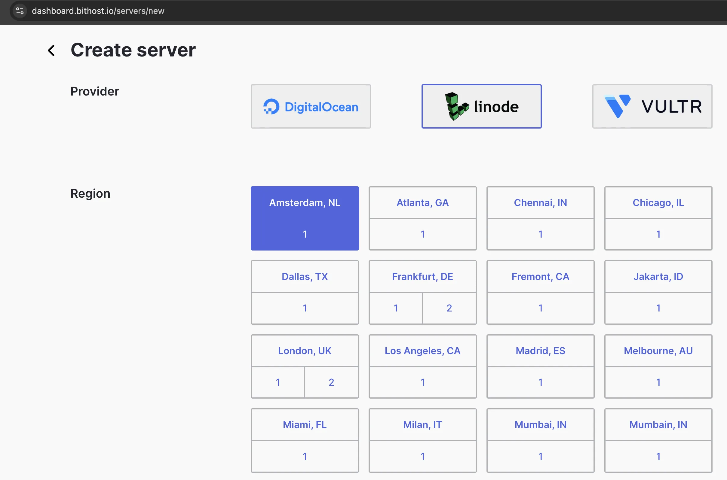 server creation - selecting a provider and
region