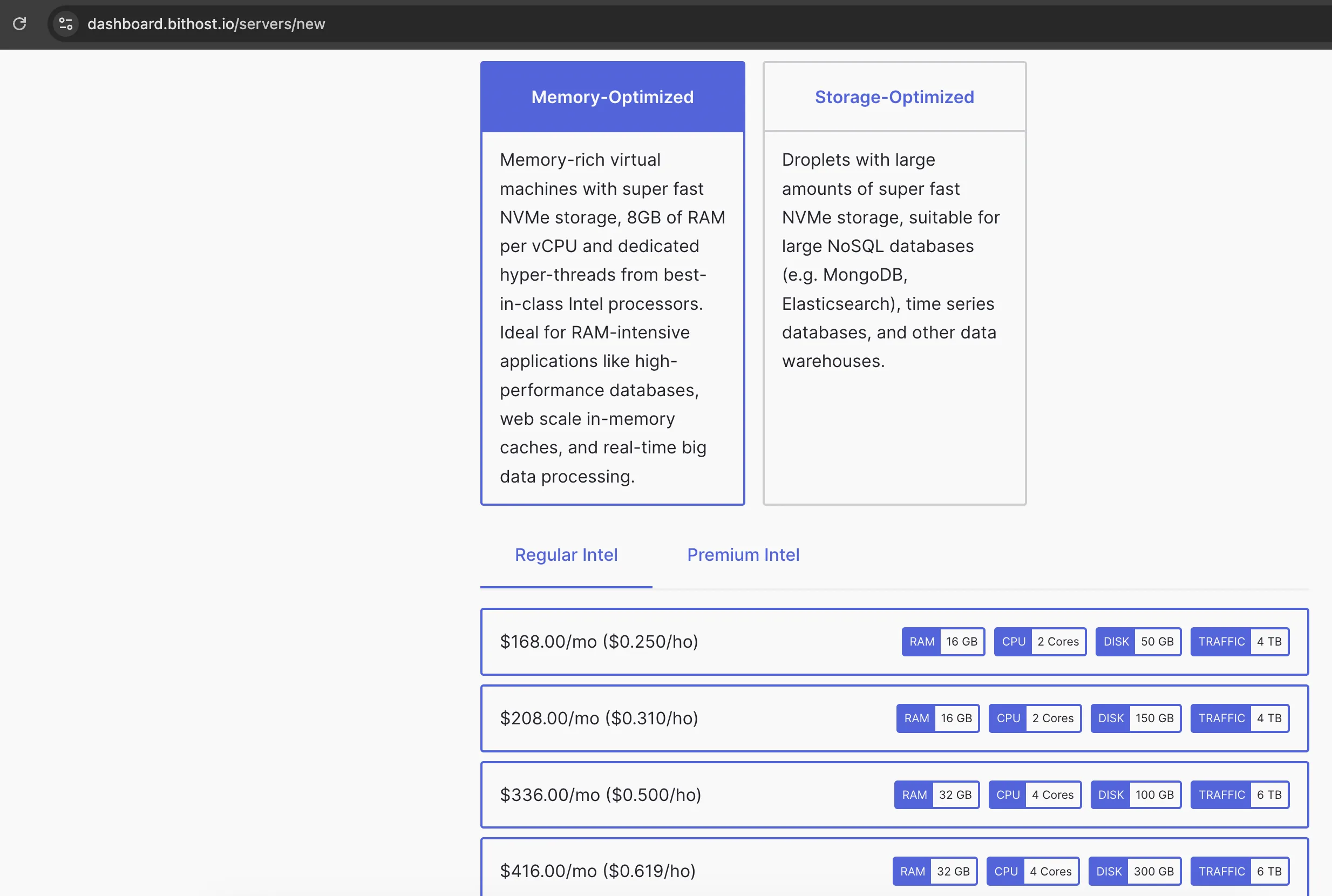 server creation - selecting a plan
size