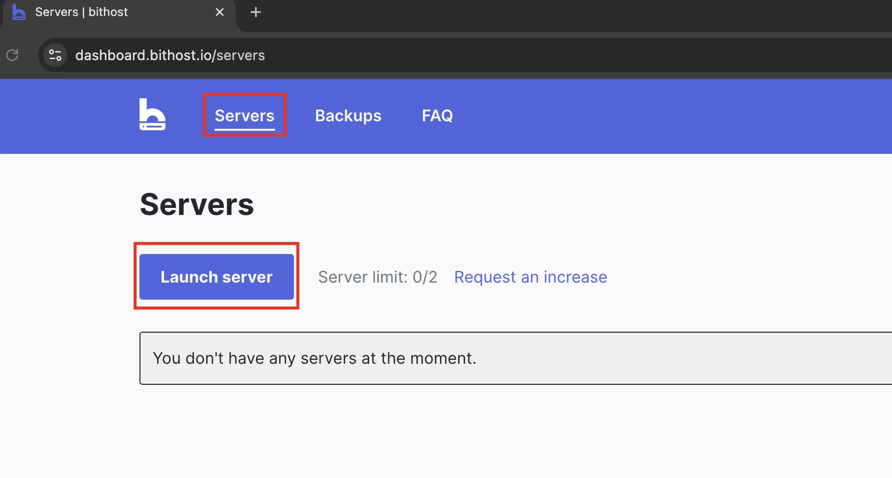 bithost servers dashboard with Launch server
button