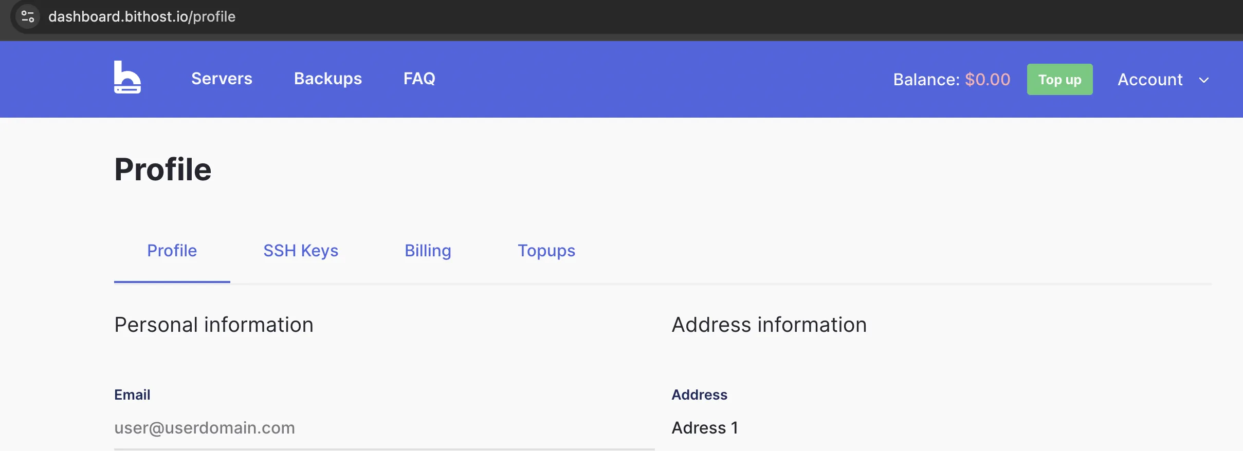 bithost dashboard with the Top up button
highlighted