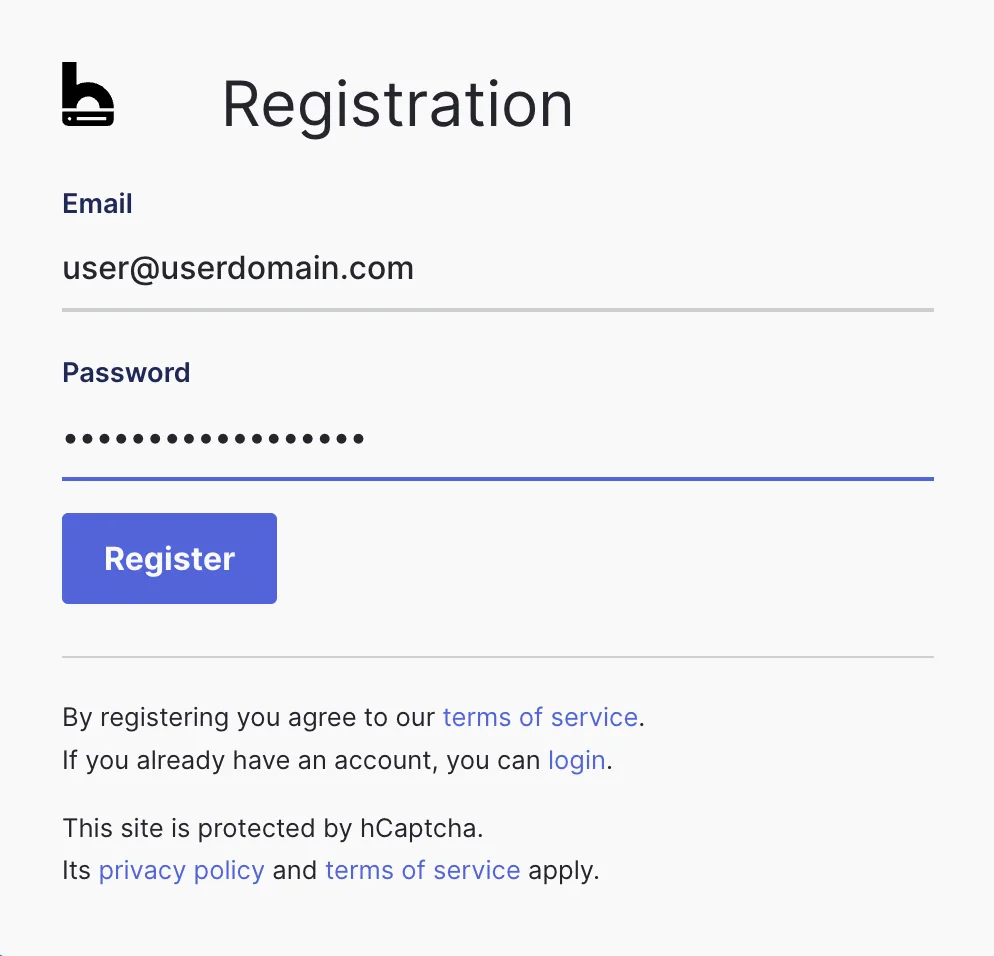 bithost registration form with email and password
fields