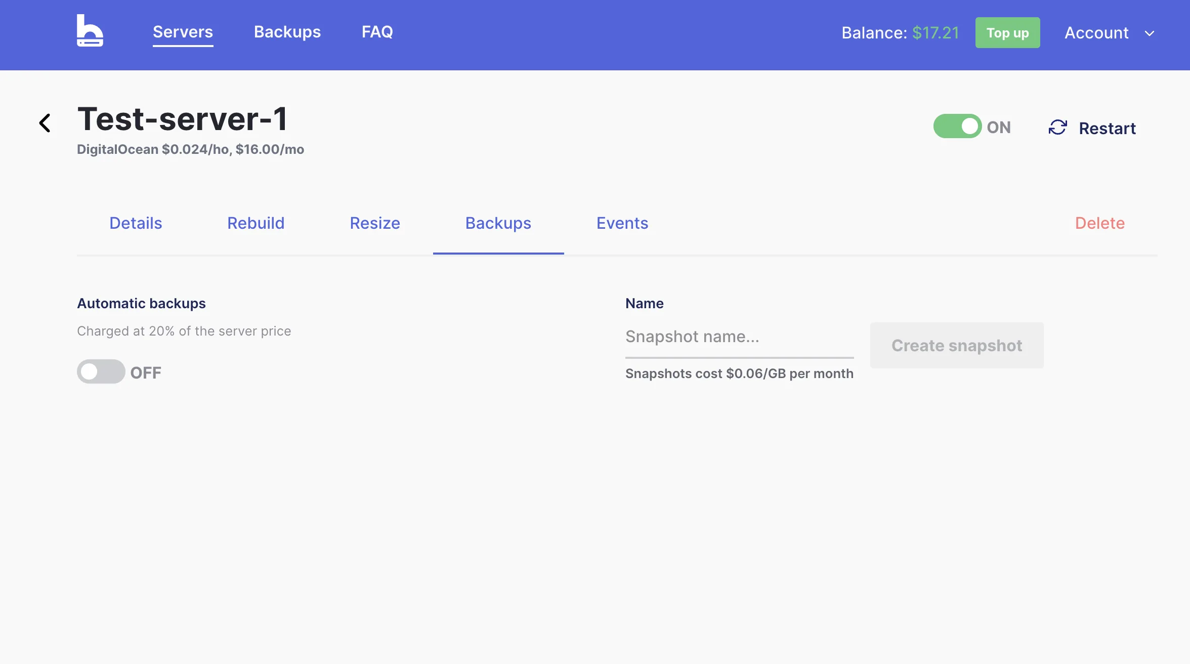 bithost server Backups tab showing the Automatic backups toggle and the Create snapshot field