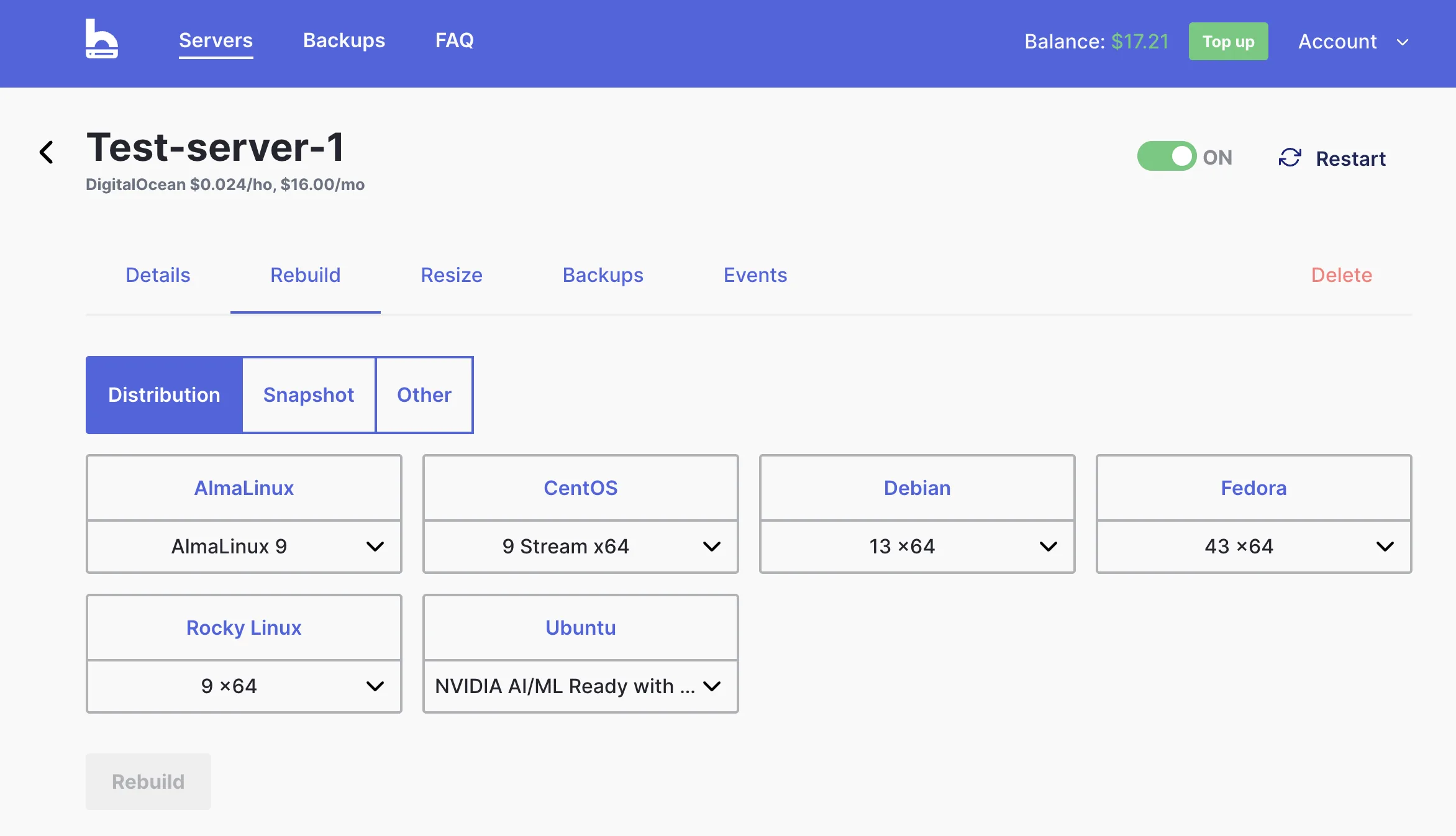 bithost server - Rebuild tab, choosing a
distribution