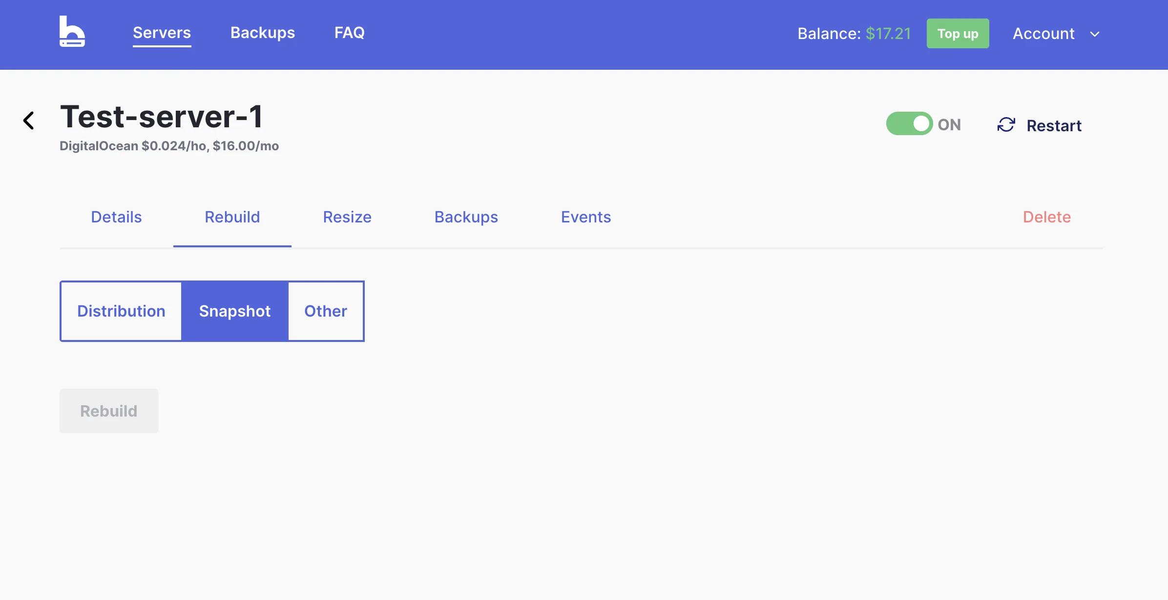 bithost server - Rebuild from snapshot
sub-tab