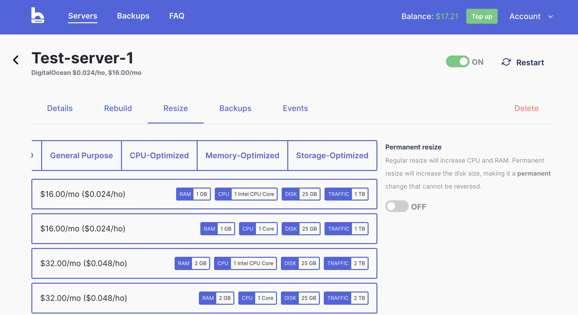 bithost server - Resize tab showing plan
options