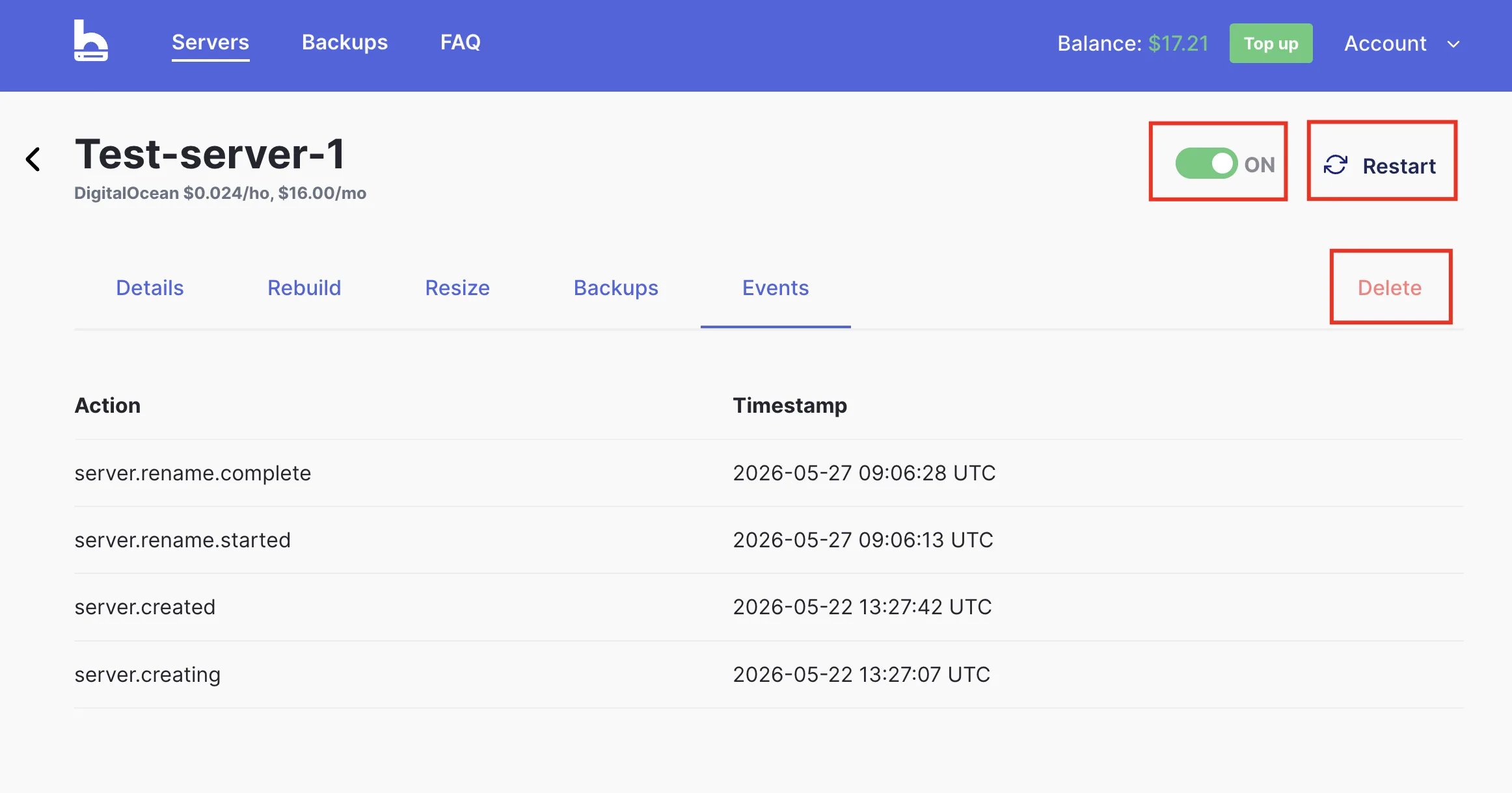 bithost server - power toggle, Restart button, and Delete button
highlighted