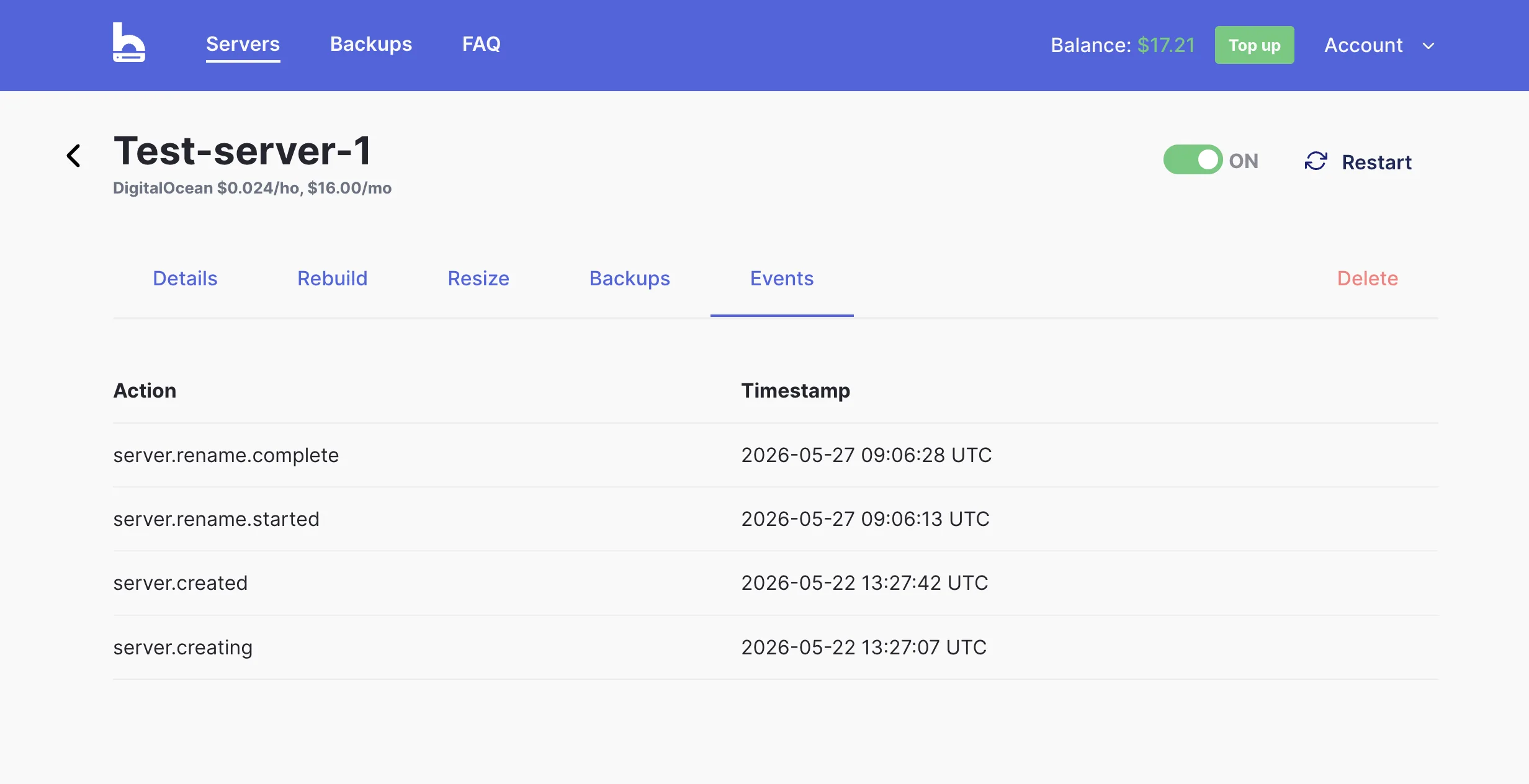 bithost server - Events tab showing action log with
timestamps