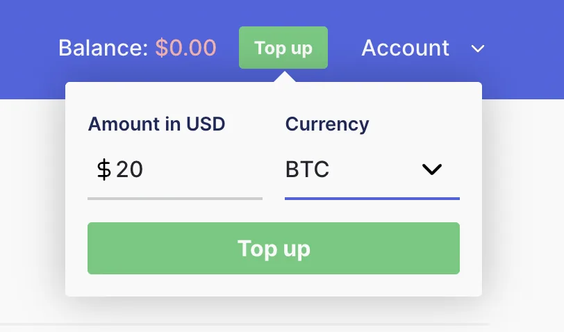 bithost top up balance screen with cryptocurrency
options